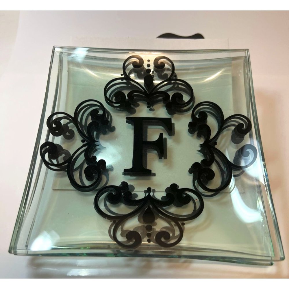 Mango Moon Monogram Dessert Plates "F" Set of 4 Glass Thick 6" w Box New Gift